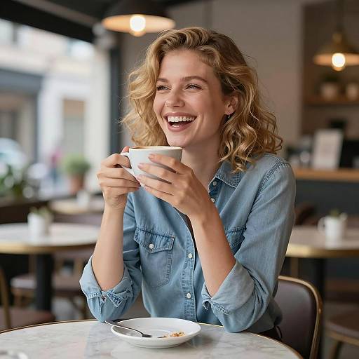 Cheerful Woman Enjoying Cappuccino in Café