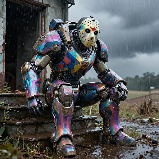 Photorealistic digital artwork of a colorful, metallic robot wearing a blood-stained Jason Voorhees mask, sitting in the rain by a dilapid