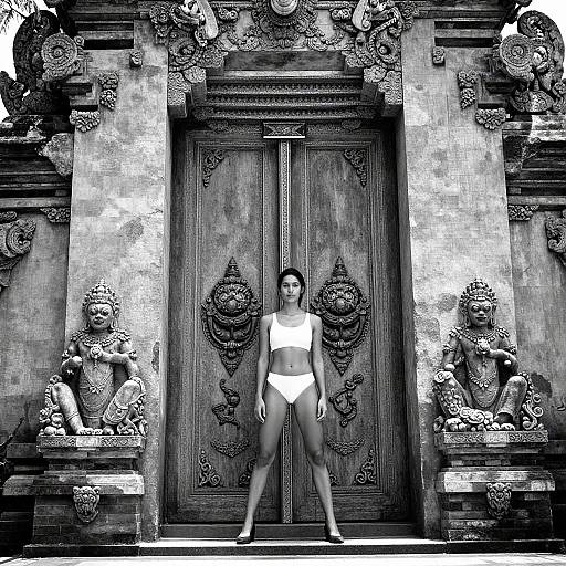 Black-and-white photograph of a woman in a white bikini standing center, flanked by ornate stone statues, in front of an elaborately carved wooden