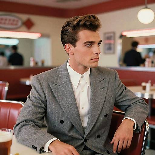Photograph of a handsome young man with styled brown hair, wearing a gray suit and white shirt, sitting in a retro diner. Background includes red booths
