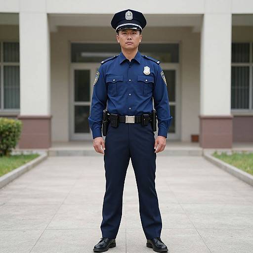 Photograph of a serious male police officer in a navy uniform standing on a concrete pathway in front of a government building.