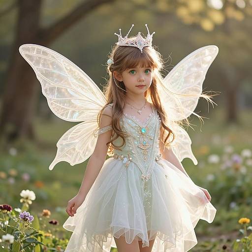 Photograph of a young girl with long brown hair, wearing a white fairy dress, translucent wings, and a crown, standing in a sunlit forest