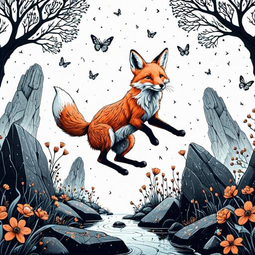 Whimsical Fox Leaping in Surreal Landscape