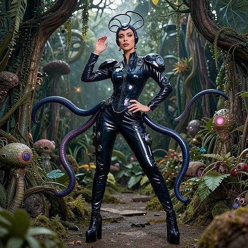 Photograph-style CGI of a woman in a shiny black latex suit with antennae and tentacles, standing confidently in a mystical, alien forest.