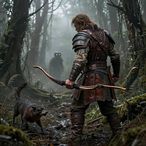 Photorealistic fantasy scene: armored warrior with long hair, holding wooden bow, standing in foggy forest, dog by his side, unseen enemy ahead