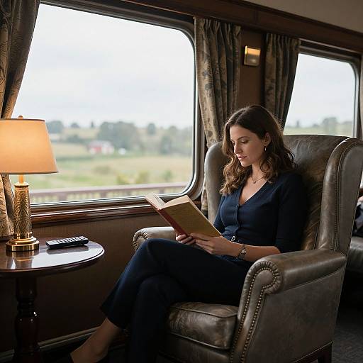 Photograph of a brunette woman in a dark blue dress, reading a book on a train, with a lamp and curtains in the background.