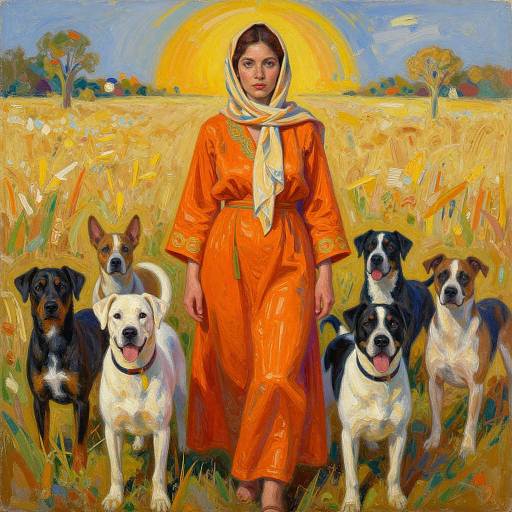 Digital painting of a woman in an orange dress and white scarf, standing in a sunlit field with six dogs, under a bright yellow sun, surrounded