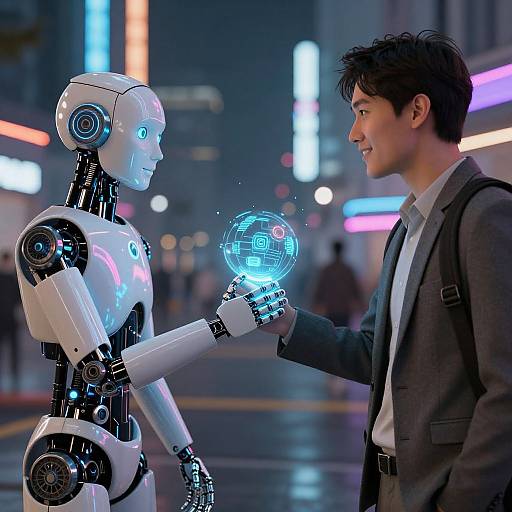 Photograph of a man in a gray suit and white shirt interacting with a white, futuristic robot in a neon-lit urban night setting, holding a