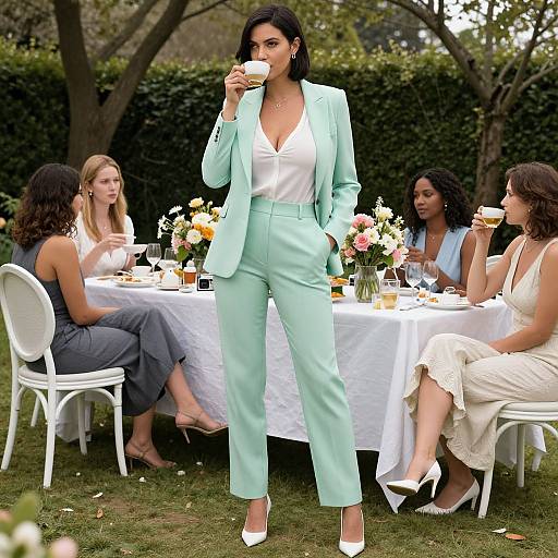 Photograph of a confident woman in light turquoise pantsuit and white heels, sipping tea, standing in a garden with five seated women in elegant dresses
