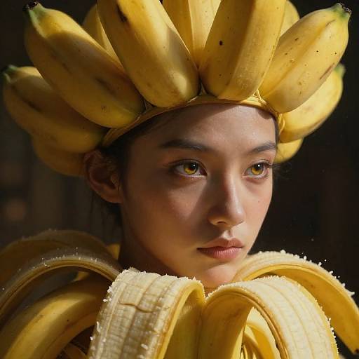 Photograph of an Asian woman with yellow banana headdress and neckpieces, featuring peeled bananas with textured skin, against a dark background. Her eyes are
