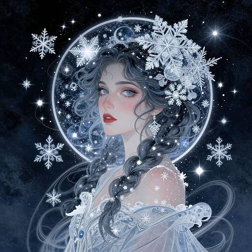 Digital art of a fair-skinned woman with blue eyes and wavy gray hair, adorned with glowing white snowflakes, wearing a transparent, eth
