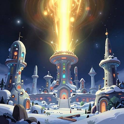 Digital fantasy artwork: Snow-covered futuristic city with glowing towers, a central structure erupting with bright, fiery light against a starry night sky.
