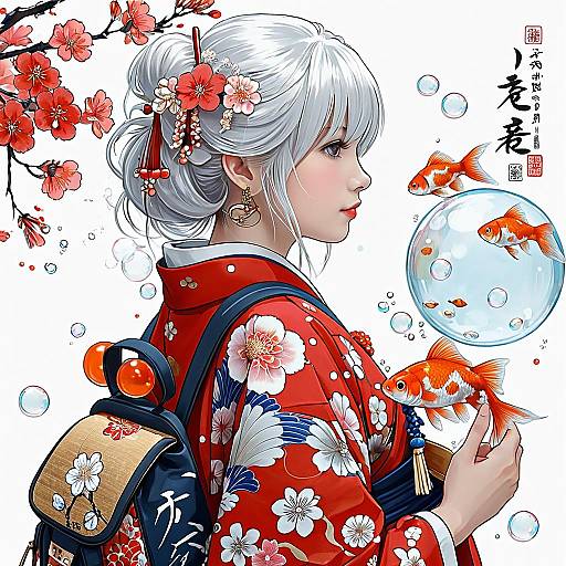 Digital anime-style portrait of a white-haired woman in a red floral kimono, surrounded by cherry blossoms and goldfish, with Japanese characters on the