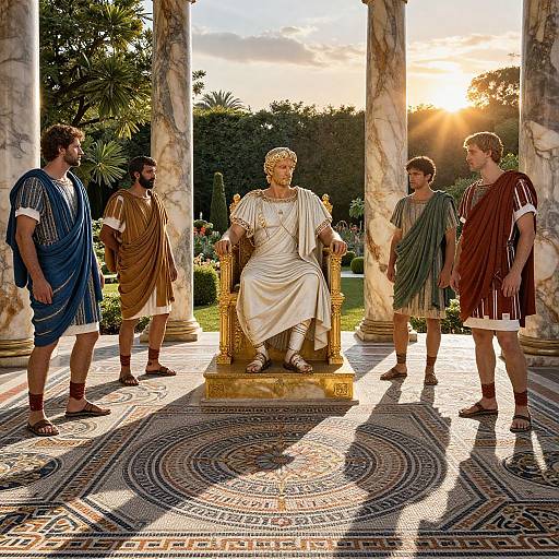 Photograph of five men in ancient Roman-style togas, standing around a marble throne with a statue of a bearded, crowned man, under sunset