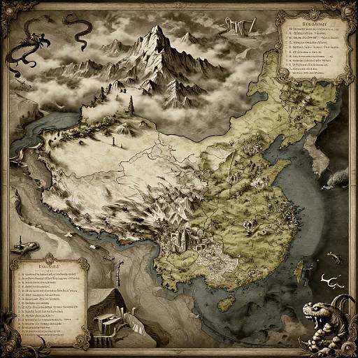 Detailed fantasy map with snow-capped mountains, green landmass, blue waters, and intricate borders, featuring text boxes and ornate frames. Digital artwork