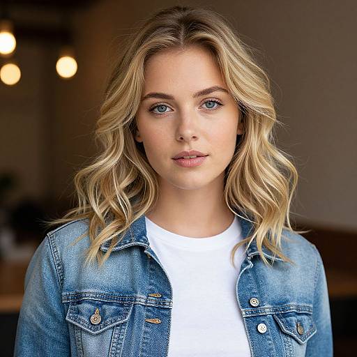 Photograph of a young blonde woman with wavy hair, blue eyes, wearing a denim jacket over a white shirt, against a softly lit background.