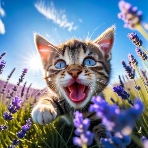 Playful Tabby Kitten in Lavender Field