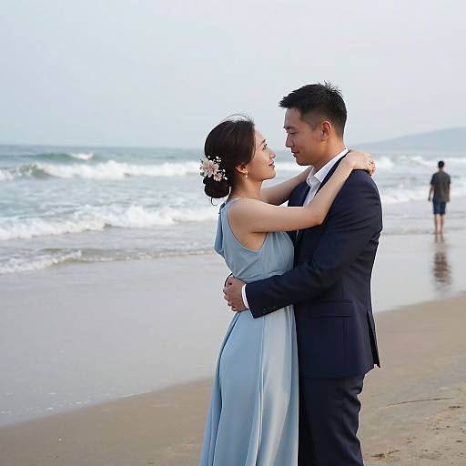 Photograph of an Asian couple in wedding attire, embracing and smiling on a beach with waves and a distant figure in the background.