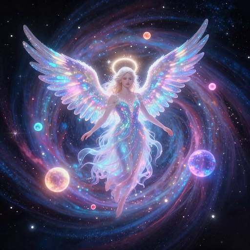 Digital art of a glowing, ethereal angel with radiant blue and white wings, floating in a swirling cosmic galaxy with colorful planets.