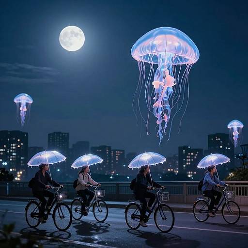Photograph of five people riding bicycles under glowing blue umbrellas, with large illuminated jellyfish and a full moon in the night sky. Urban cityscape