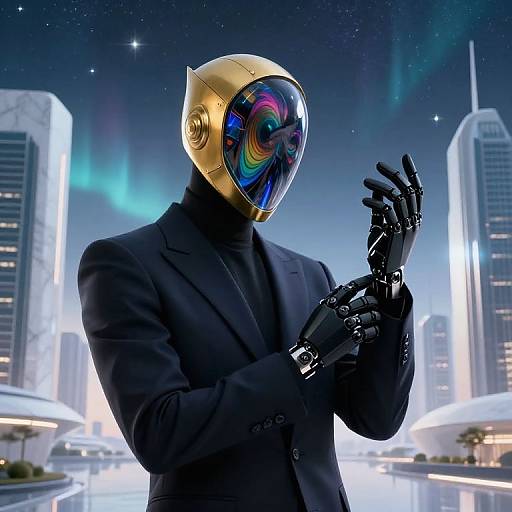 Cyborg figure in black suit, gold helmet with iridescent face, black robotic gloves, stands in futuristic cityscape with aurora-lit sky