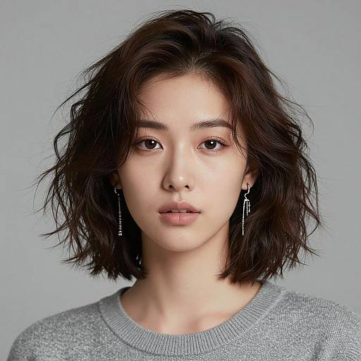 Photograph of an Asian woman with wavy, shoulder-length black hair, wearing a gray sweater, and silver drop earrings, against a plain gray background