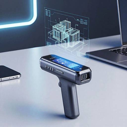 Photograph of a sleek, black, futuristic smart gun with a glowing blue interface, displaying architectural blueprints, on a white desk with a laptop and