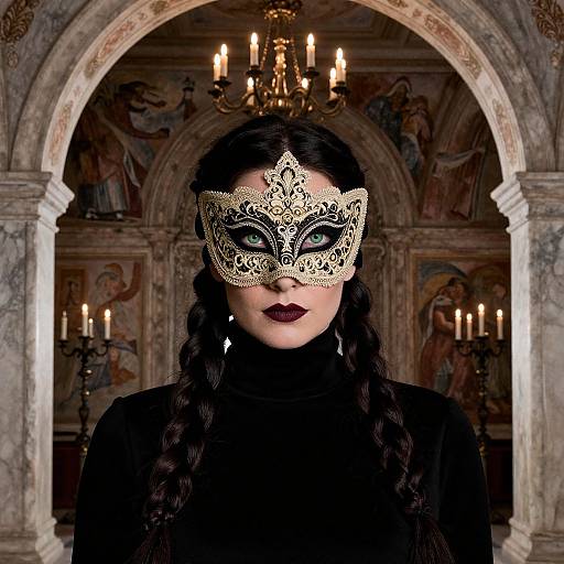 Photograph of a pale-skinned woman with dark braids, wearing a black turtleneck, ornate gold masquerade mask, and dark