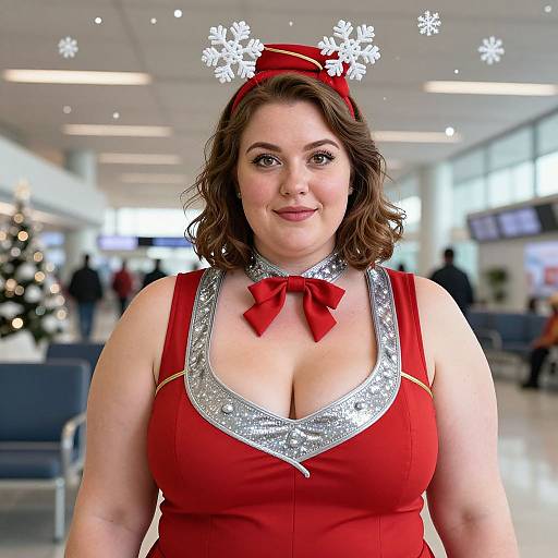 Photograph of a plus-sized woman with fair skin, brown wavy hair, wearing a red, silver-trimmed Christmas outfit with reindeer ant
