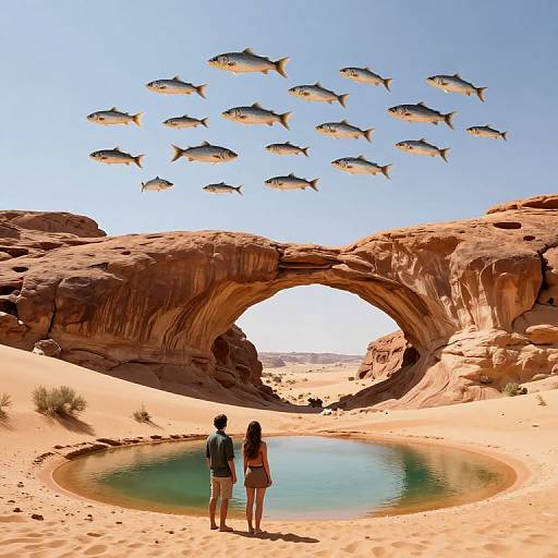 Digital artwork: Two people stand by a desert oasis with a natural rock arch, watching a school of fish swim overhead.