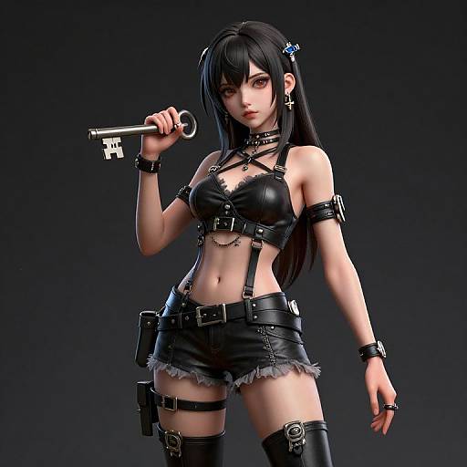 Digital artwork of a black-haired anime girl with dark eyes, wearing a black leather harness, shorts, and thigh straps, holding a key. Dark background