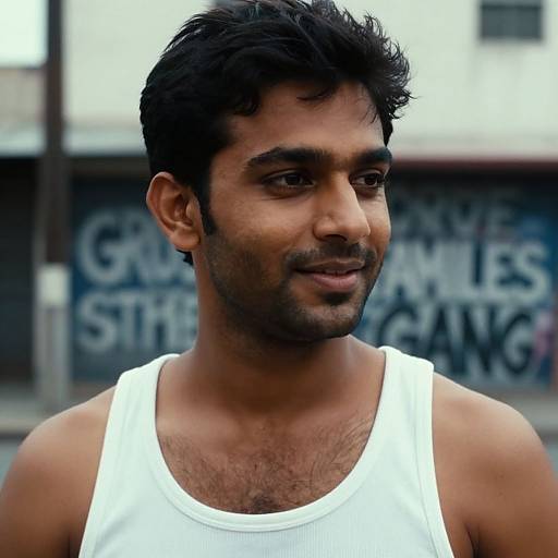 Photograph of a young, dark-haired Indian man with a slight beard, wearing a white tank top, smiling subtly, with a blurred graffiti background.