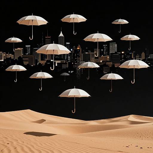 Photograph of white umbrellas floating above a desert with rolling sand dunes, against a black night sky with a city skyline in the background.