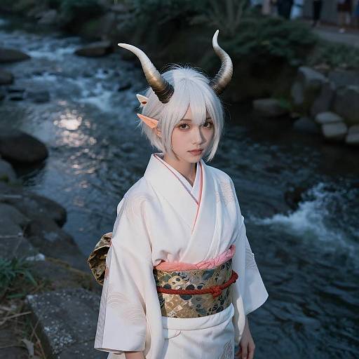 Photograph of an anime-style cosplayer with white hair, black horns, elf ears, and a white kimono with pink obi, standing by