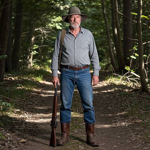 Photograph of a middle-aged white man with a gray beard, wearing a gray shirt, blue jeans, brown boots, and a wide-brimmed