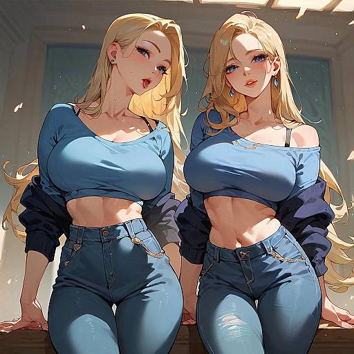 Two Blonde Women in Blue Outfits
