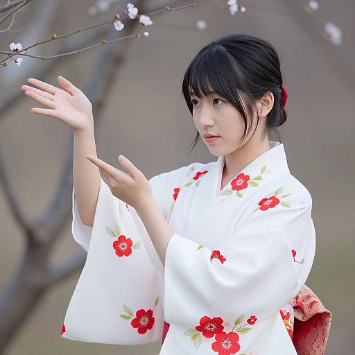 Photograph of an Asian woman with black hair in a white floral kimono, gesturing with her hands, standing by a blooming tree branch.