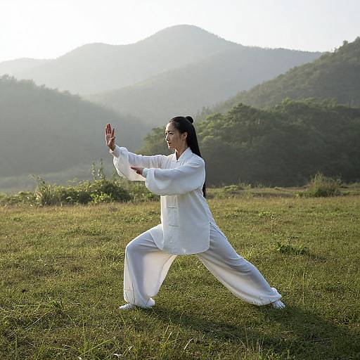 Photograph of a woman with long black hair in a white traditional martial arts outfit, performing a wide-legged martial arts stance in a grassy field with