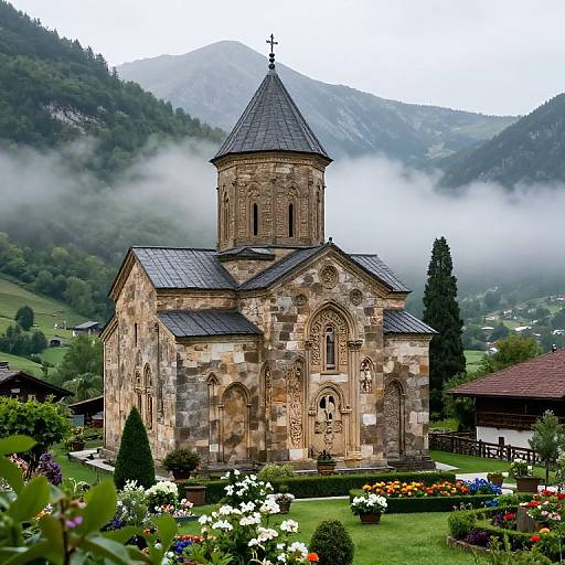 Photograph of a stone Romanesque church with a tall, conical steeple, surrounded by vibrant flower gardens and misty mountains in the