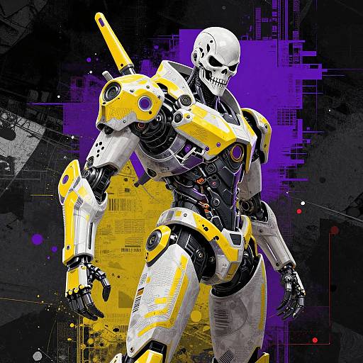 Digital artwork of a white skull-headed robot with yellow and white armor, black joints, and a yellow sword, set against a dark, purple and yellow