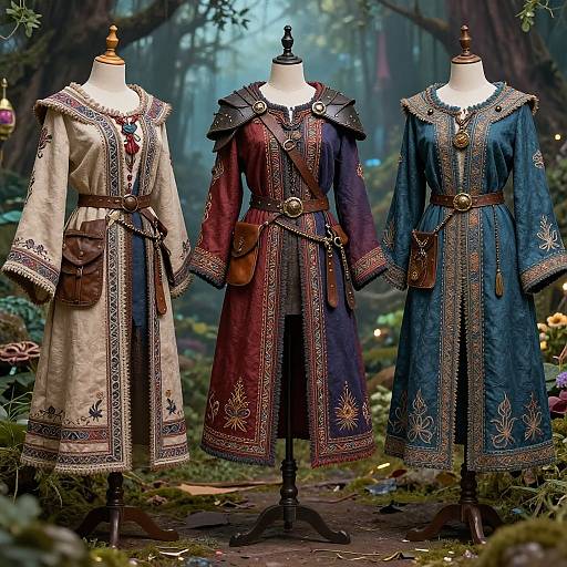 Photograph of three ornate, medieval-style, embroidered cloaks in beige, maroon, and blue, displayed on mannequins in a