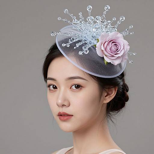 Photograph of an East Asian woman with fair skin, black hair in a bun, wearing a delicate white mesh hat adorned with a pink rose and crystal