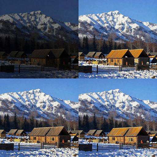Photograph collage of snowy mountain village with wooden cabins, bright blue sky, and snow-covered peaks; highlighted in digital art style.