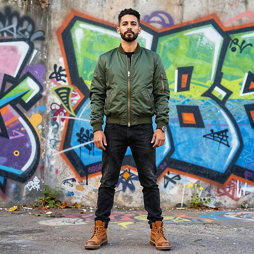 Photograph of a bearded man with short dark hair, wearing a green bomber jacket, black pants, and brown boots, standing in front of vibrant
