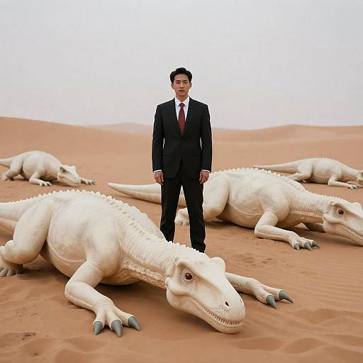 Man in Suit Among Desert Leviathans