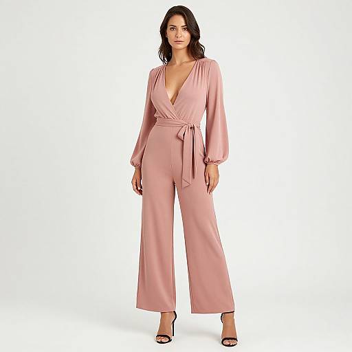 Photograph of a woman with long black hair, wearing a pink, deep V-neck, long-sleeve jumpsuit with a tied waist, and