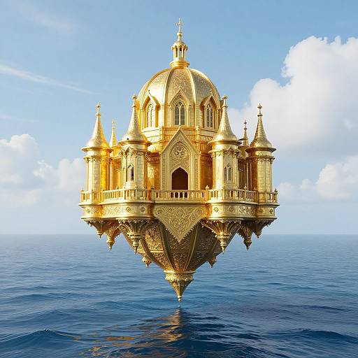 Golden, intricately detailed, floating baroque-style cathedral with domes and towers, suspended above a calm blue ocean under a bright sky. Digital artwork