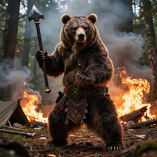 Photorealistic CGI of a fierce, anthropomorphic bear with a large axe, standing in a forest campsite with blazing fires and smoke, wearing primitive