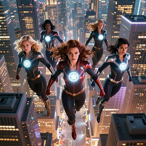Superheroines Soaring Above Metropolis