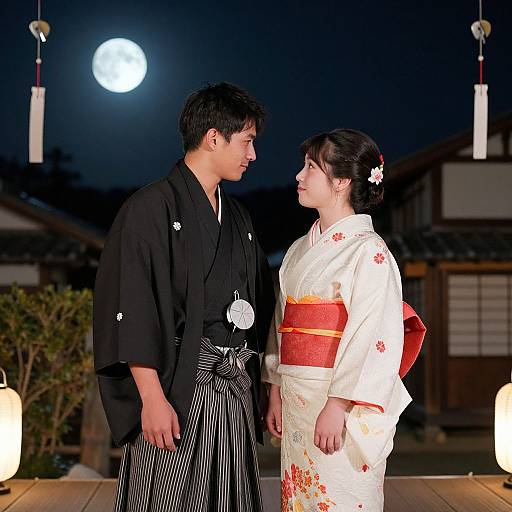 Photograph of Japanese couple in traditional attire, man in black kimono, woman in white kimono with red obi, standing under moonlit night